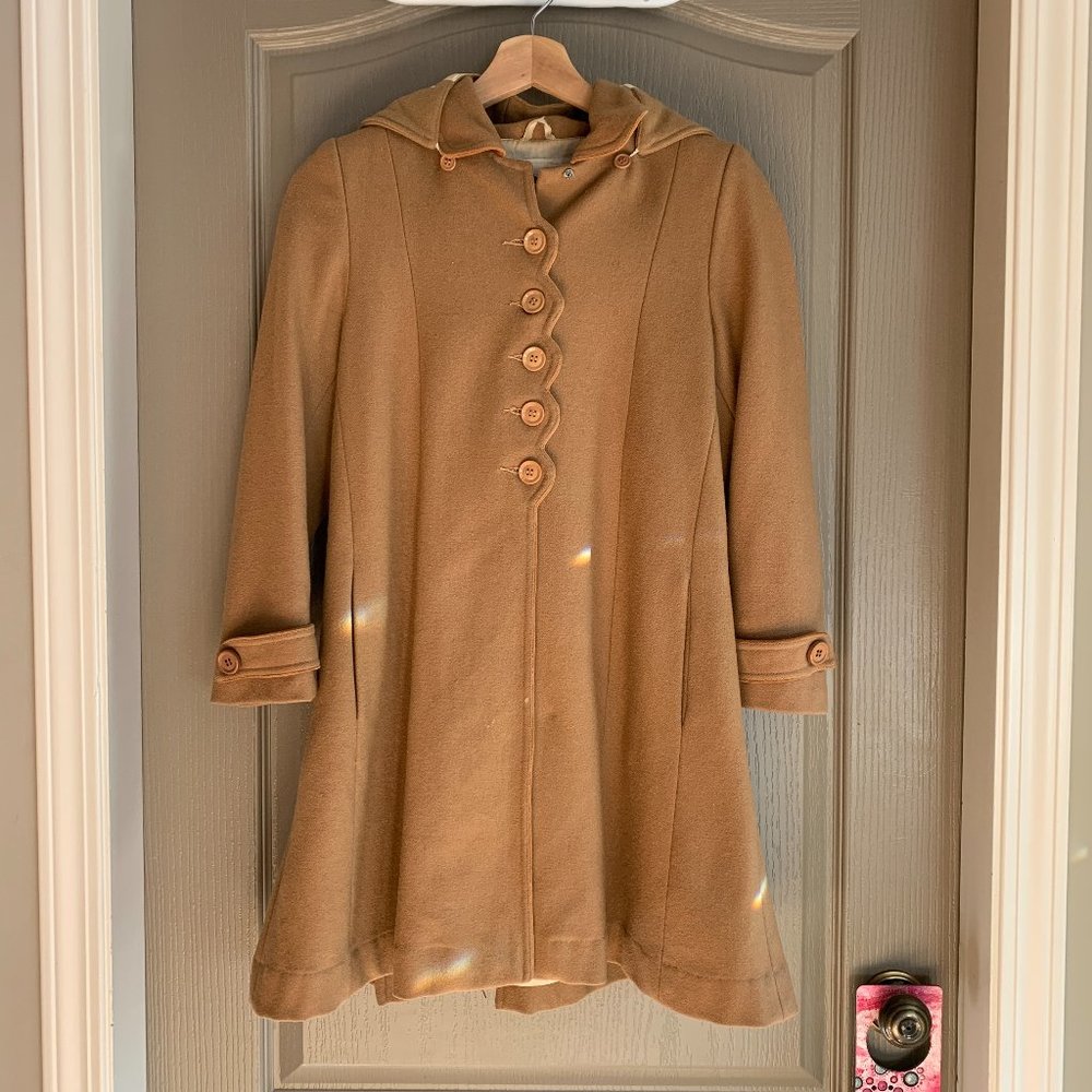 vintage nude coat with removable hood and scallop detail